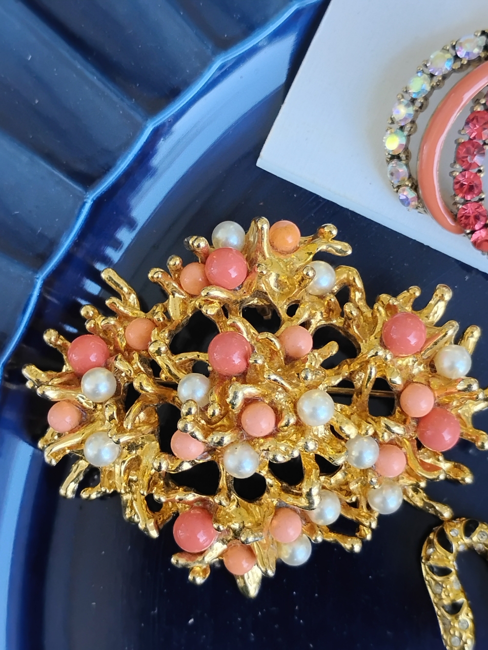 Gold Coral Cluster Brooch with Pink and Pearl Accents